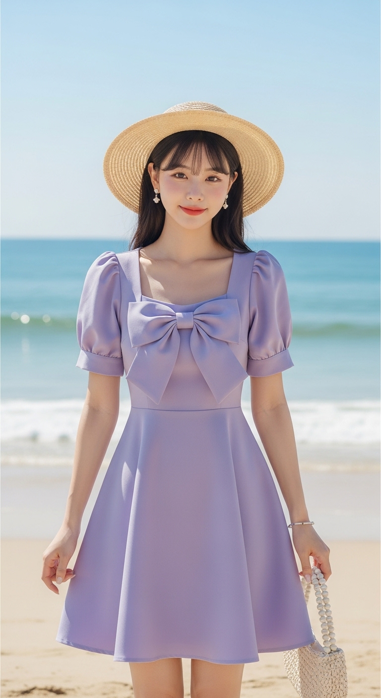 리본 퍼프 플레어 미니 원피스~!